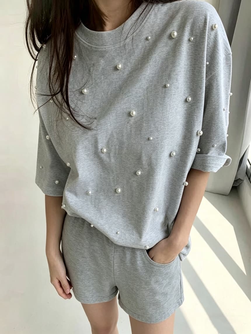 재고 있음 korea 한 부서 진주 꾸밈음 디자인 섹션 루즈핏 느긋한 슬림해 보이는 oversize 순면 반팔 티셔츠 상세 이미지 11