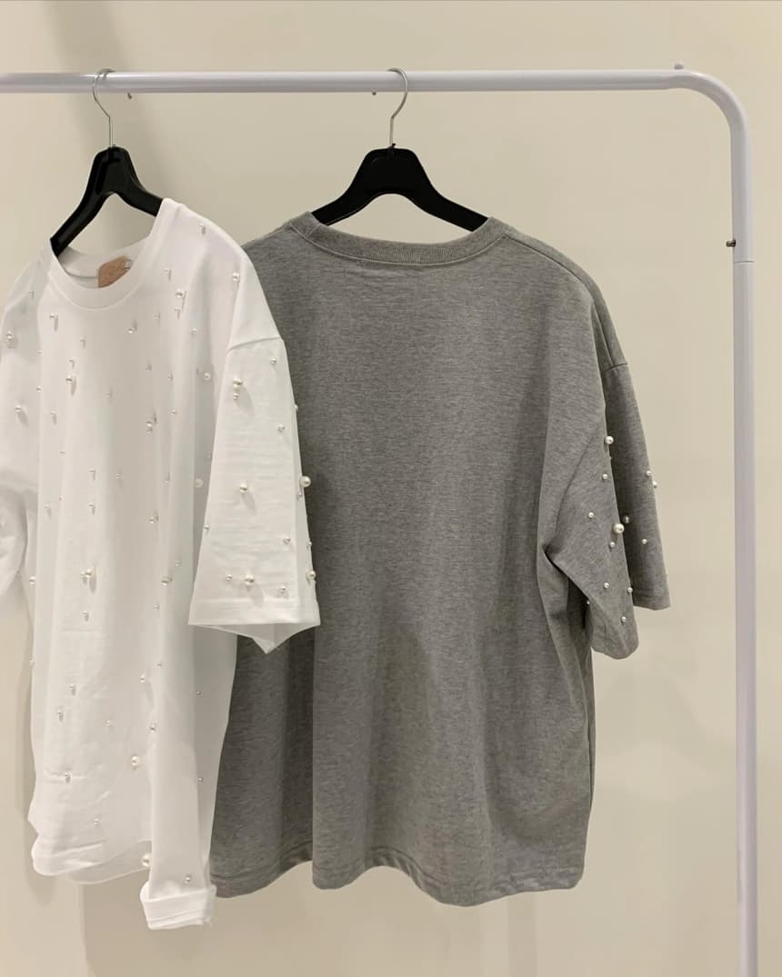 재고 있음 korea 한 부서 진주 꾸밈음 디자인 섹션 루즈핏 느긋한 슬림해 보이는 oversize 순면 반팔 티셔츠 상세 이미지 18