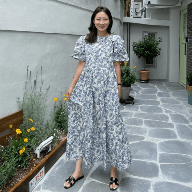 재고 있음 korea 배색 연령 감소 캐주얼 여행 휴가 바람 이중층 꽃밭 소매 한 마디 큰 진자 종류 드레스