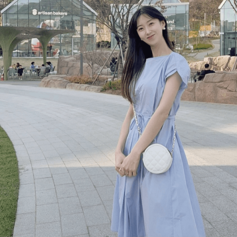 재고 있음 korea 레트로 달콤함 조개 소매 꼬집기 허리 끈 빛 요리 한 바람 품격 반팔 드레스 벨트 포함 이미지 4
