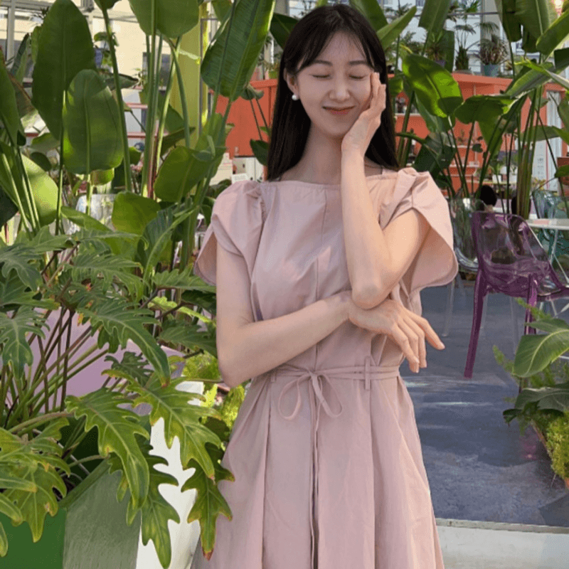 재고 있음 korea 레트로 달콤함 조개 소매 꼬집기 허리 끈 빛 요리 한 바람 품격 반팔 드레스 벨트 포함 이미지 5