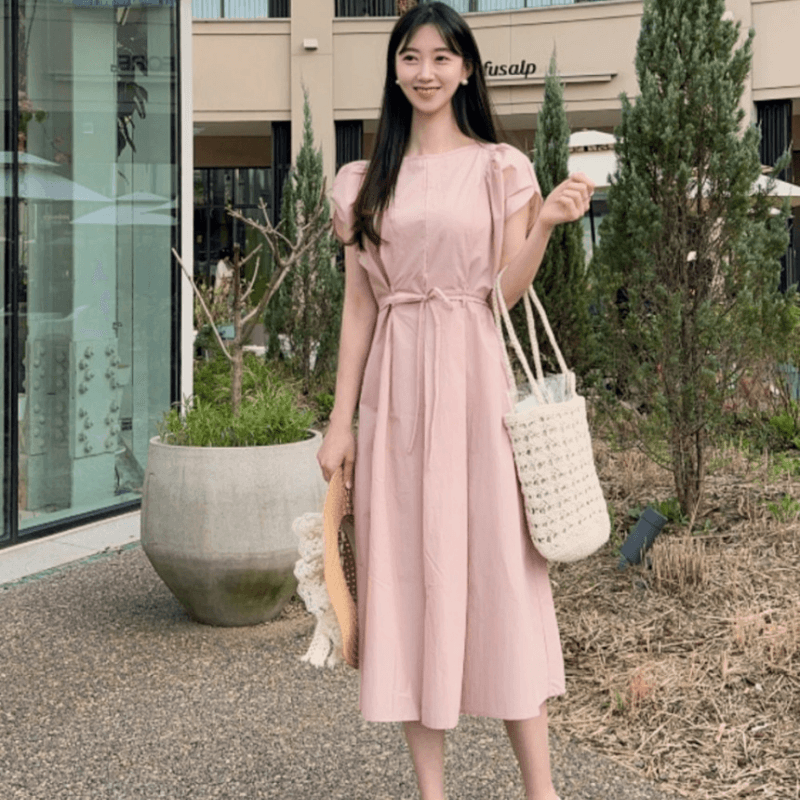 재고 있음 korea 레트로 달콤함 조개 소매 꼬집기 허리 끈 빛 요리 한 바람 품격 반팔 드레스 벨트 포함 이미지 3
