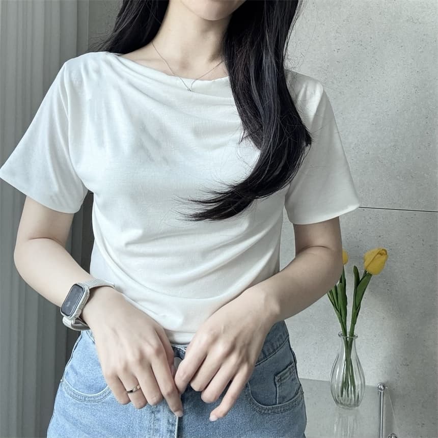 재고 있음 korea 가져 가라. 감기 센스 세련된 Chic 작은 흔들다 칼라 품격 다용도 단색 반팔 티셔츠 맨위 상세 이미지 3