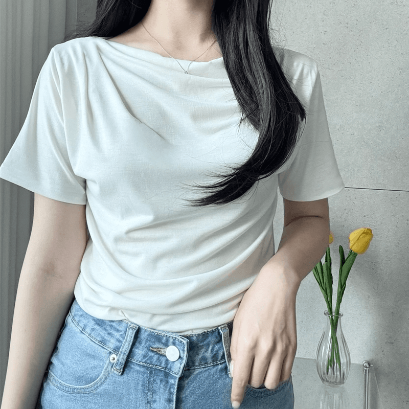 재고 있음 korea 가져 가라. 감기 센스 세련된 Chic 작은 흔들다 칼라 품격 다용도 단색 반팔 티셔츠 맨위 이미지 5
