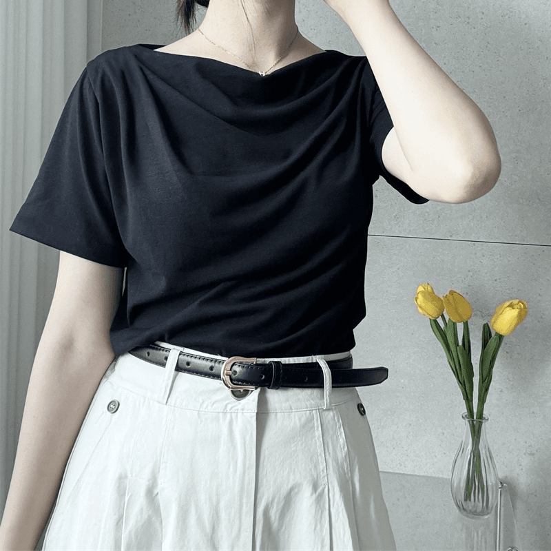 재고 있음 korea 가져 가라. 감기 센스 세련된 Chic 작은 흔들다 칼라 품격 다용도 단색 반팔 티셔츠 맨위 이미지 4