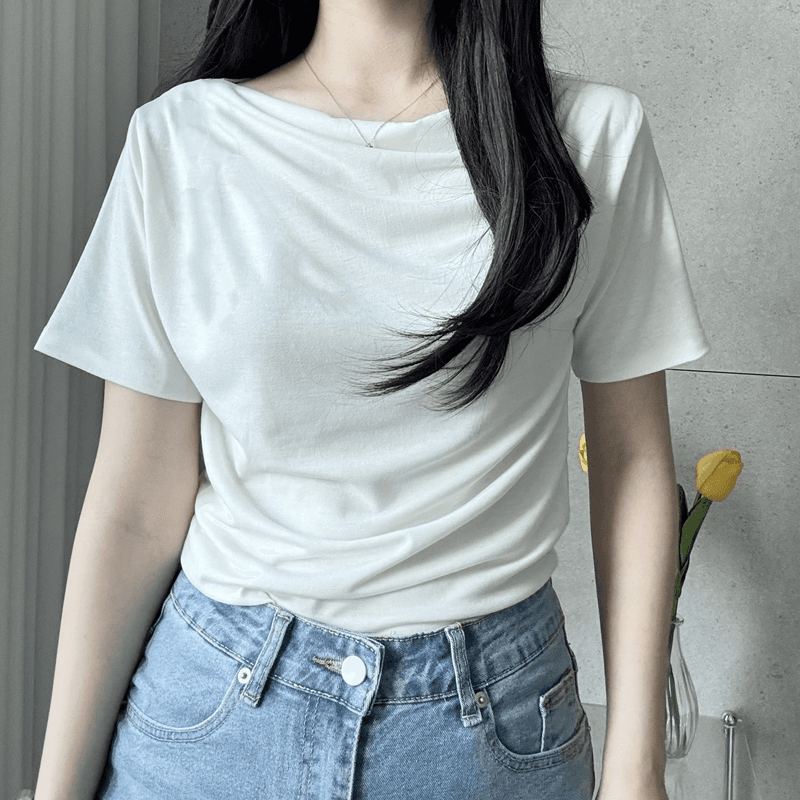 재고 있음 korea 가져 가라. 감기 센스 세련된 Chic 작은 흔들다 칼라 품격 다용도 단색 반팔 티셔츠 맨위