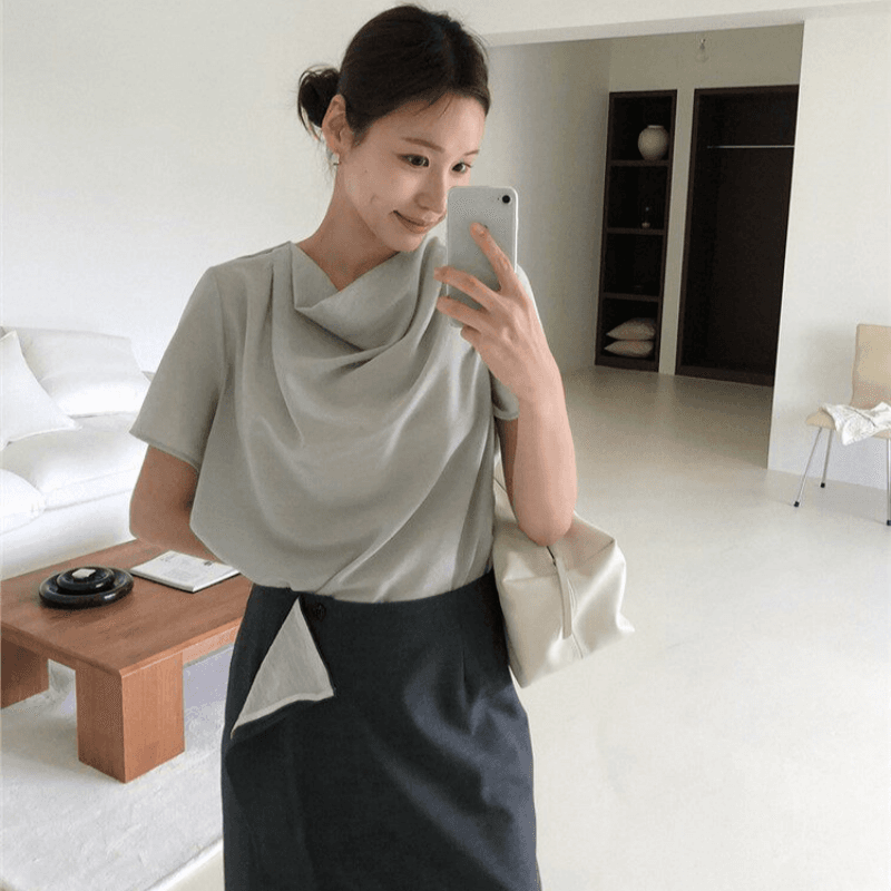 재고 있음 korea 느긋한 분위기 센스 루즈핏 스트레이트 고급 디자인 도루 가을 칼라 감기 바람 마이크로 ~을 통해 반팔 셔츠 이미지 2