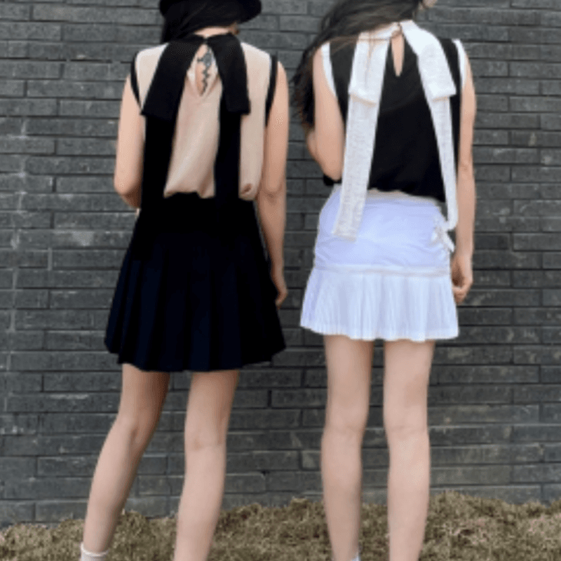 재고 있음 korea 절묘한 배색 똑똑한 뒤로 특대 사이즈 나비 매듭 리본 민소매 라운드 넥 조끼 섹션 맨위 이미지 5