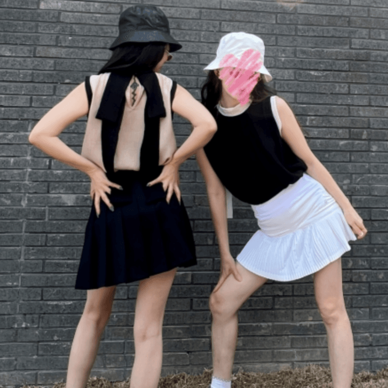 재고 있음 korea 절묘한 배색 똑똑한 뒤로 특대 사이즈 나비 매듭 리본 민소매 라운드 넥 조끼 섹션 맨위 이미지 3
