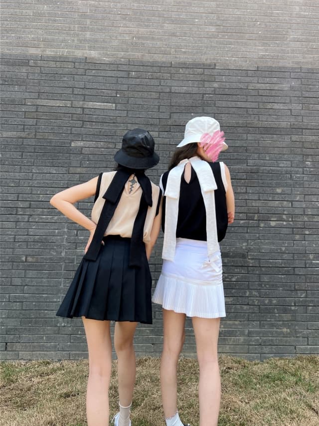 재고 있음 korea 절묘한 배색 똑똑한 뒤로 특대 사이즈 나비 매듭 리본 민소매 라운드 넥 조끼 섹션 맨위 상세 이미지 9
