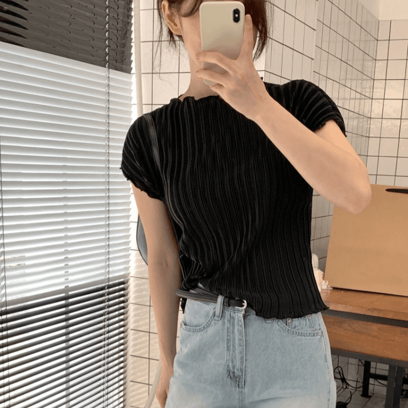 재고 있음 korea 첫사랑 품격 수직 Pleat 물결무늬 측면 꽃잎 반하이넥 신축성 단색 반팔 티셔츠 맨위 이미지 4