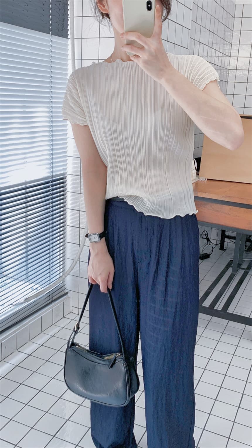 재고 있음 korea 첫사랑 품격 수직 Pleat 물결무늬 측면 꽃잎 반하이넥 신축성 단색 반팔 티셔츠 맨위 상세 이미지 1