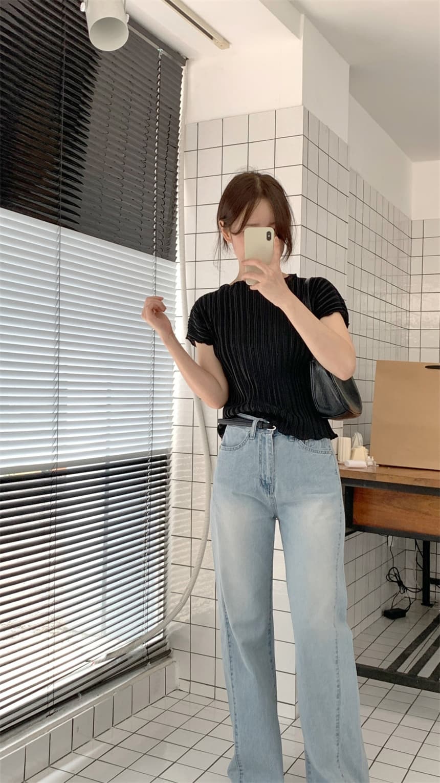 재고 있음 korea 첫사랑 품격 수직 Pleat 물결무늬 측면 꽃잎 반하이넥 신축성 단색 반팔 티셔츠 맨위 상세 이미지 17