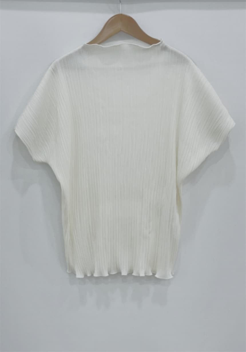 재고 있음 korea 첫사랑 품격 수직 Pleat 물결무늬 측면 꽃잎 반하이넥 신축성 단색 반팔 티셔츠 맨위 상세 이미지 31