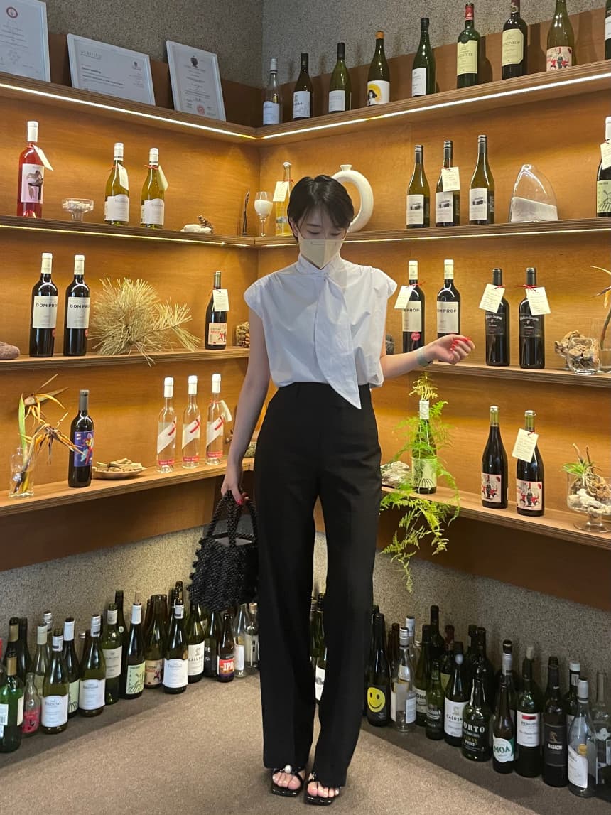 재고 있음 korea 프랑스식 품격 디자인 센스 대 리본 주름 비틀림 스탠드 칼라 다용도 만나는 반팔 셔츠 상세 이미지 9