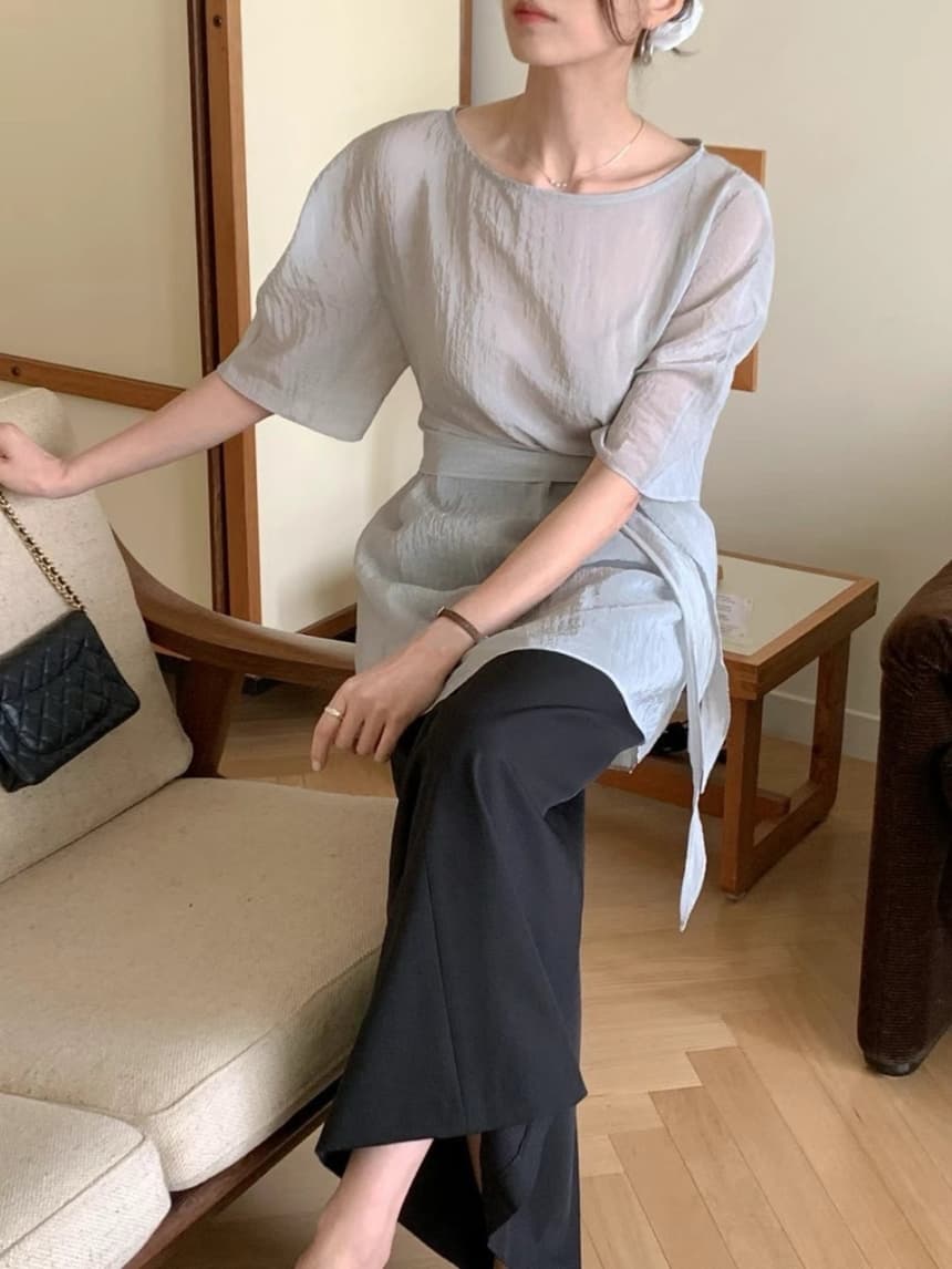 재고 있음 korea 한 부서 부드러운 바람 마이크로 ~을 통해 질감 센스 느긋한 반팔 쉬폰 셔츠 경기 이중 용도 리본 상세 이미지 6