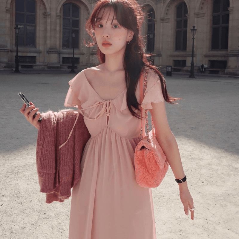 재고 있음 korea 첫사랑 하얀 달빛 분말 부드러운 프릴 연령 감소 작은 섹시함 순수한 욕망 바람 반팔 드레스 이미지 3
