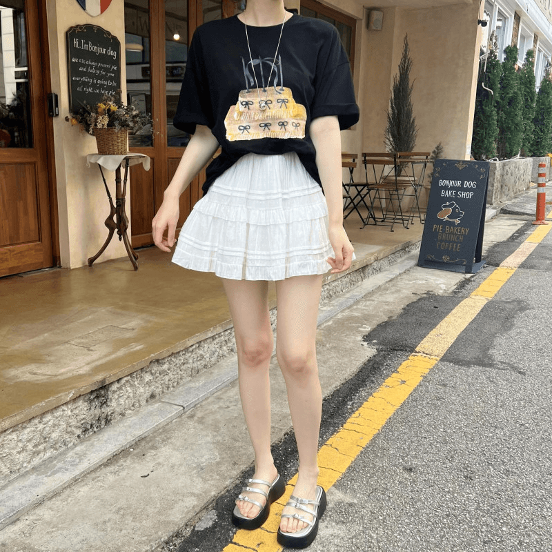 재고 있음 korea 달콤함 나비 매듭 케이크 프린트 BF 바람 루즈핏 캐주얼 다용도 순면 반팔 라운드 넥 티셔츠 이미지 3