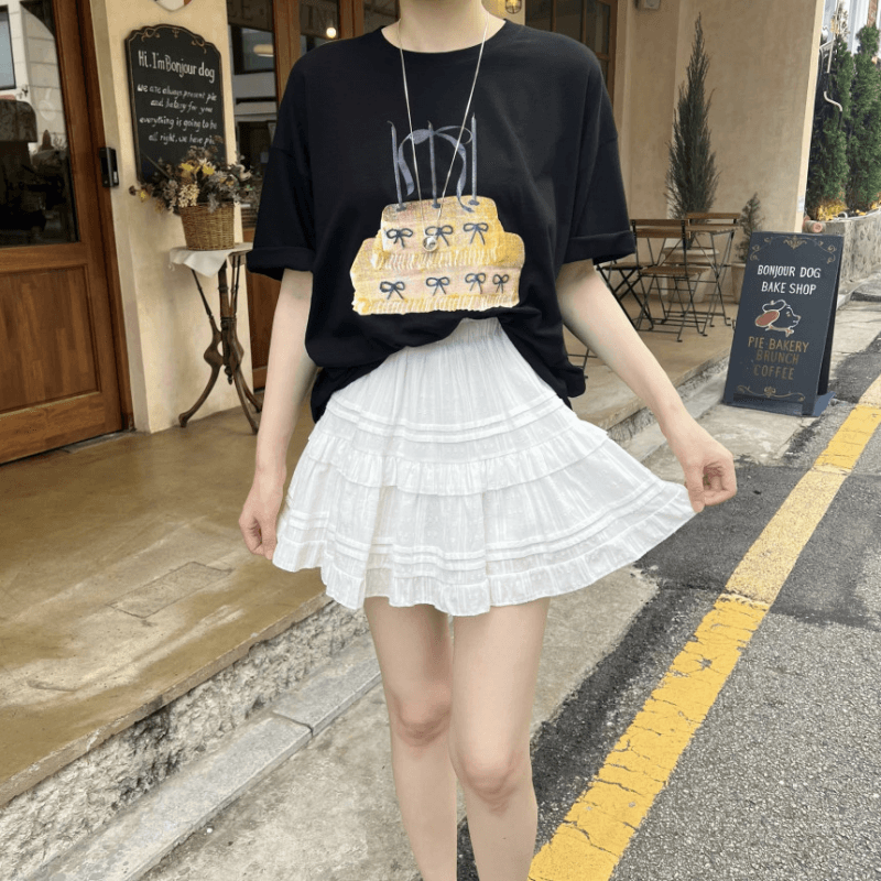 재고 있음 korea 달콤함 나비 매듭 케이크 프린트 BF 바람 루즈핏 캐주얼 다용도 순면 반팔 라운드 넥 티셔츠