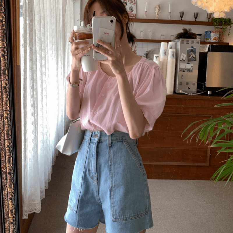 재고 있음 korea 활력 소녀 연인 연령 감소 거품 소매 라운드 넥 싱글 줄 버튼 신선함 다용도 반팔 셔츠 이미지 4