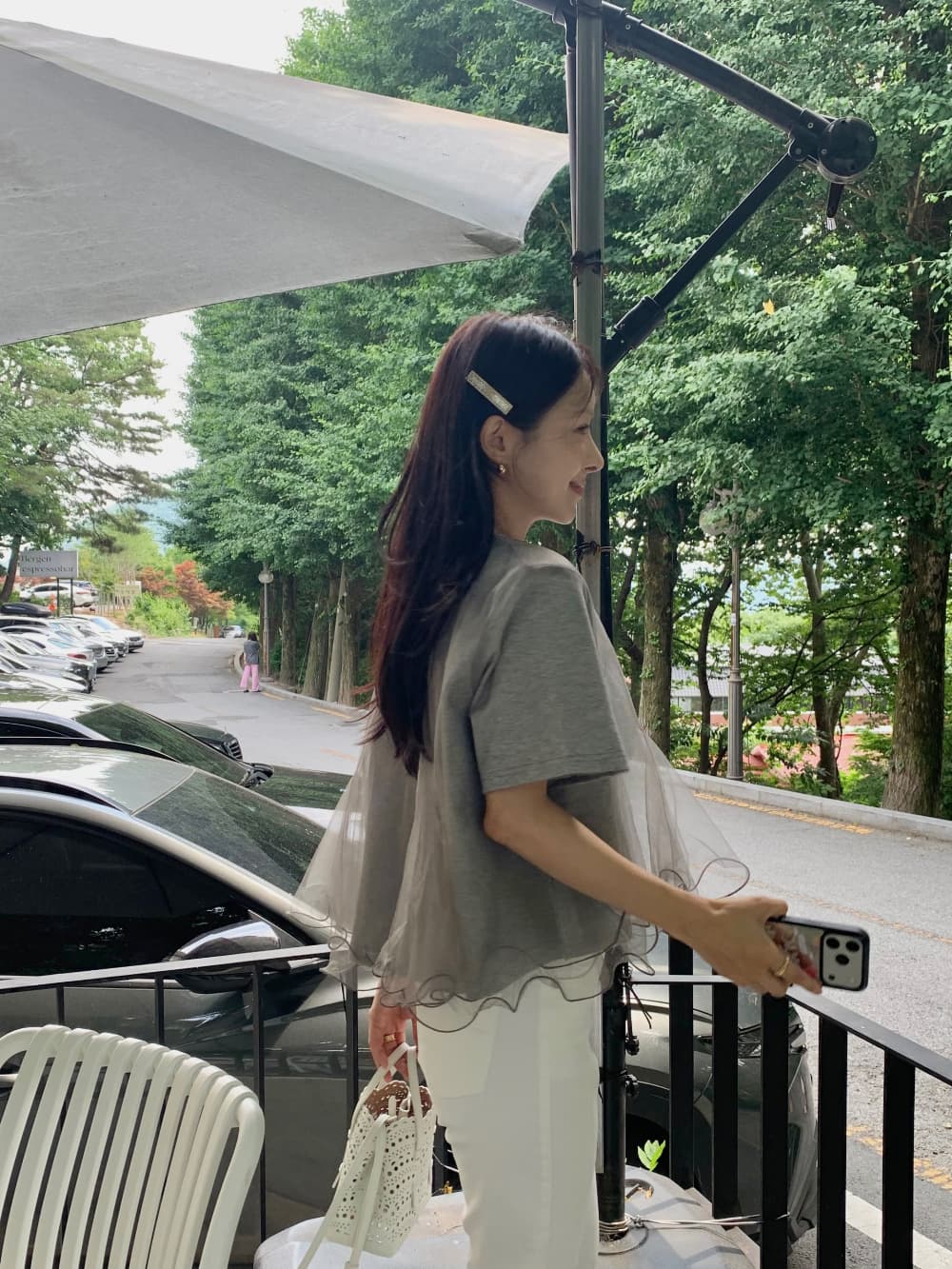 korea 한 부서 다용도 작은 대중 디자인 센스 루즈핏 한 마디 인형 셔츠 물결무늬 망사 패치워크 반팔 티셔츠 상세 이미지 10