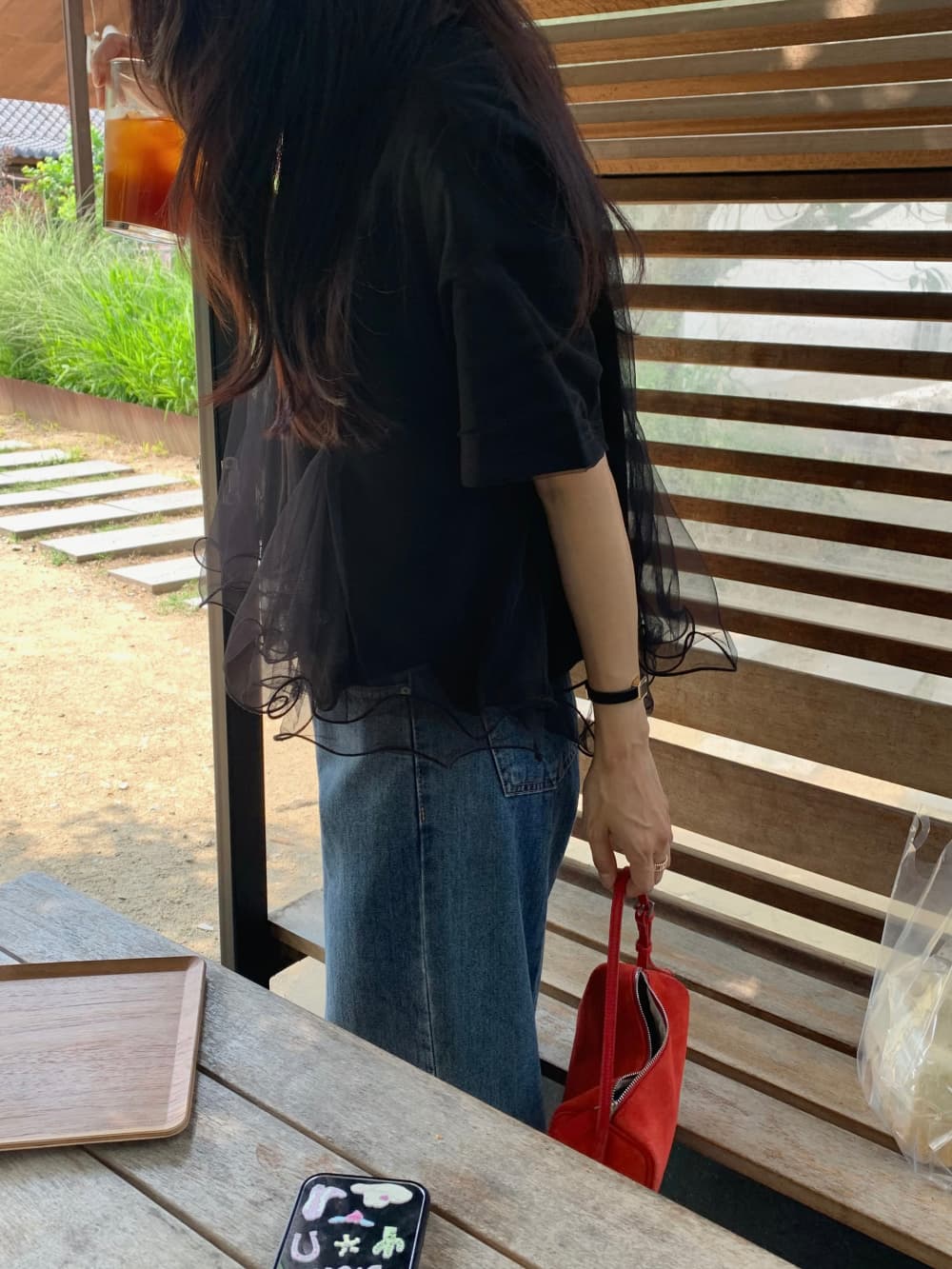 korea 한 부서 다용도 작은 대중 디자인 센스 루즈핏 한 마디 인형 셔츠 물결무늬 망사 패치워크 반팔 티셔츠 상세 이미지 28