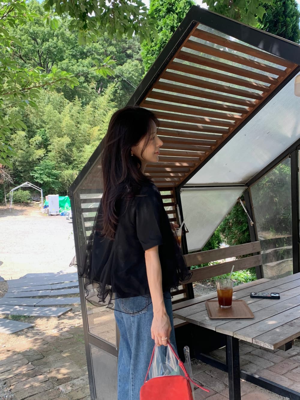 korea 한 부서 다용도 작은 대중 디자인 센스 루즈핏 한 마디 인형 셔츠 물결무늬 망사 패치워크 반팔 티셔츠 상세 이미지 36
