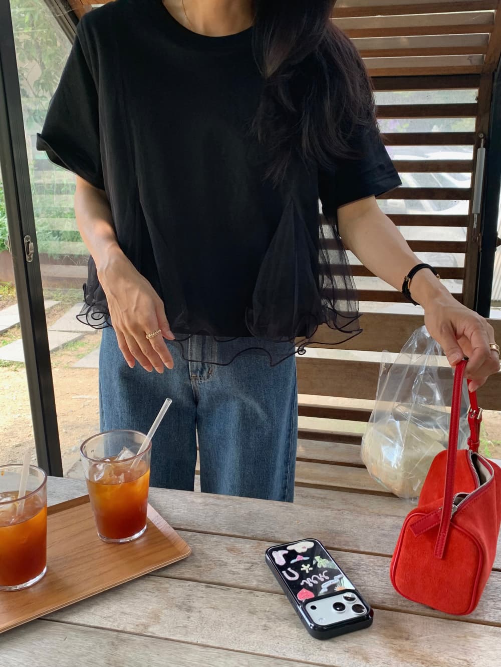 korea 한 부서 다용도 작은 대중 디자인 센스 루즈핏 한 마디 인형 셔츠 물결무늬 망사 패치워크 반팔 티셔츠 상세 이미지 37