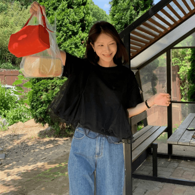 korea 한 부서 다용도 작은 대중 디자인 센스 루즈핏 한 마디 인형 셔츠 물결무늬 망사 패치워크 반팔 티셔츠