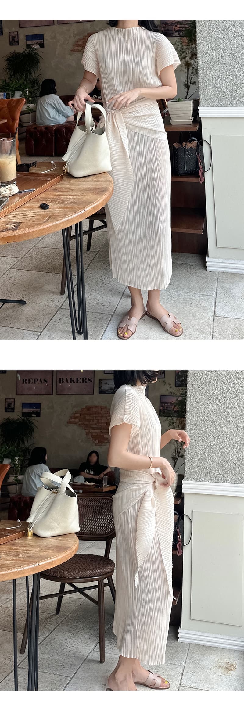 재고 있음 korea 익스트림 제인 세 하우스 바람 도루 가을 플리츠 루즈핏 스트레이트 슬림해 보이는 품격 반팔 드레스 두 조각 상세 이미지 3