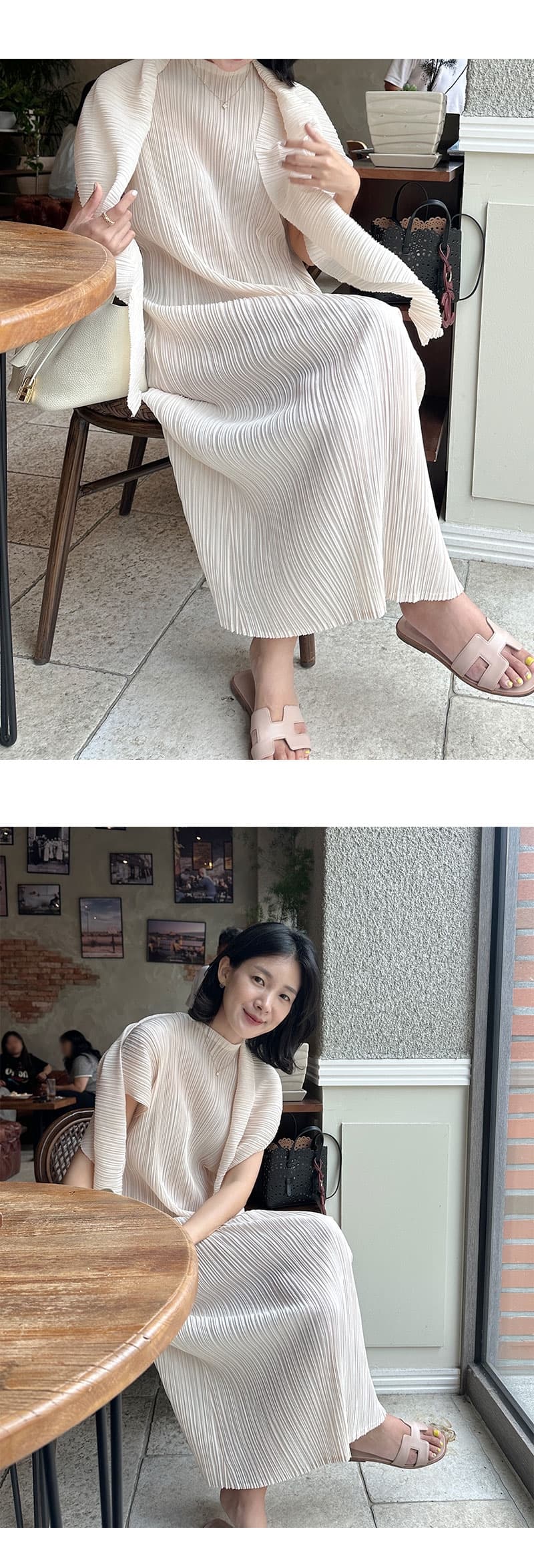 재고 있음 korea 익스트림 제인 세 하우스 바람 도루 가을 플리츠 루즈핏 스트레이트 슬림해 보이는 품격 반팔 드레스 두 조각 상세 이미지 5