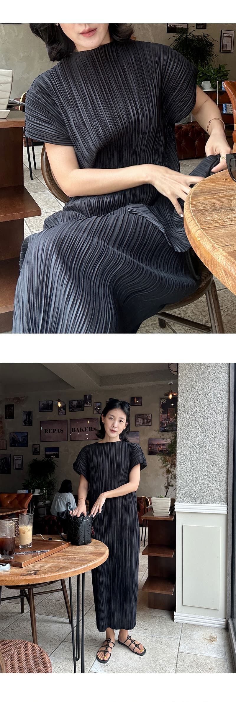 재고 있음 korea 익스트림 제인 세 하우스 바람 도루 가을 플리츠 루즈핏 스트레이트 슬림해 보이는 품격 반팔 드레스 두 조각 상세 이미지 10
