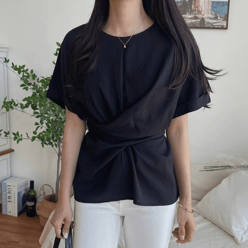 재고 있음 korea 고급 질감 센스 십자가 비틀림 디자인 뒤로 나비 매듭 허리 수축 슬림해 보이는 반팔 맨위 이미지 4