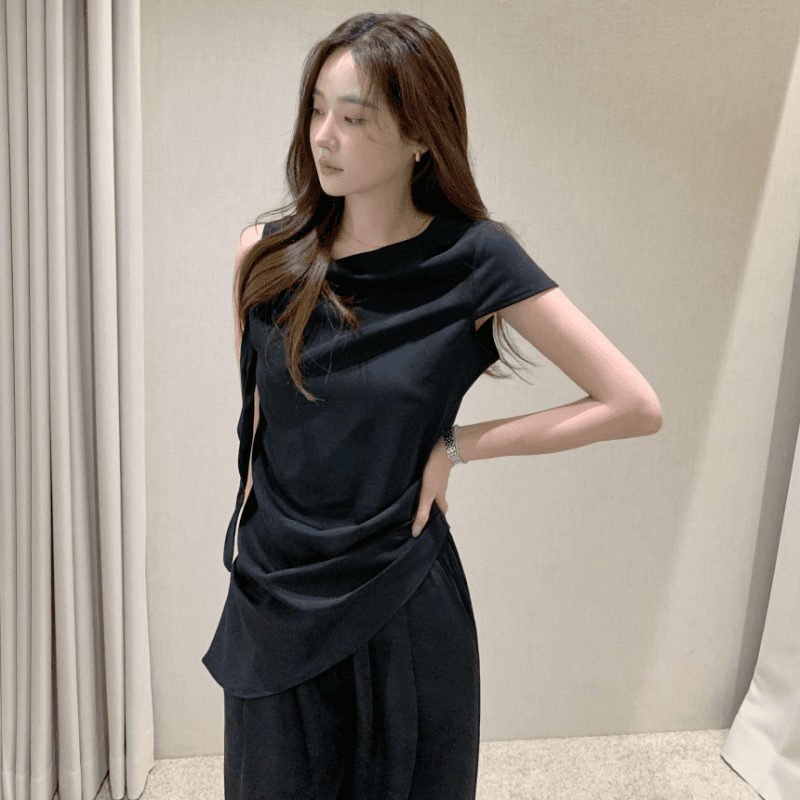 재고 있음 korea 프랑스식 부드러운 바람이 아닙니다. 규칙 비스듬한 진자 오프숄더 나비 매듭 리본 민소매 맨위 전후 둘 착용 이미지 3