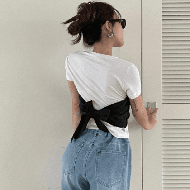 재고 있음 korea 달콤한 차가운 바람 페이크 레이어드 주름 배색 패치워크 디자인 뒤로 나비 매듭 스트랩 반팔 티셔츠 이미지 3