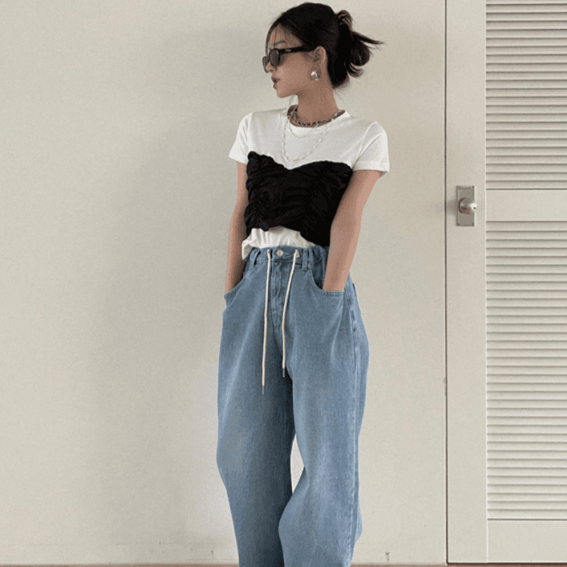 재고 있음 korea 달콤한 차가운 바람 페이크 레이어드 주름 배색 패치워크 디자인 뒤로 나비 매듭 스트랩 반팔 티셔츠