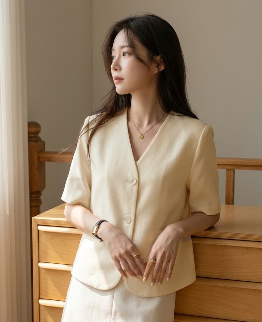 재고 있음 korea 프랑스식 고급 센스 미니멀리즘 출퇴근 작은 청신 싱글 줄 버튼 단색 V넥 반팔 블레이저 상세 이미지 5