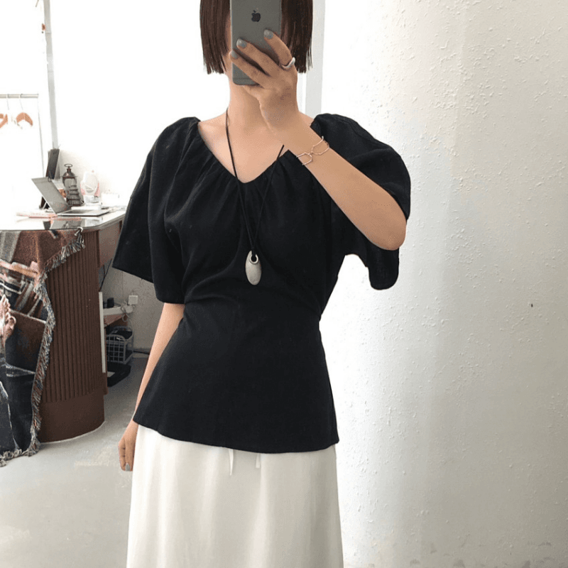 재고 있음 cherry 한 부서 느긋한 바람 부드러운 V넥 측면 벨트 허리 수축 슬림해 보이는 등 허리 홀로우 아웃 반팔 셔츠 이미지 2