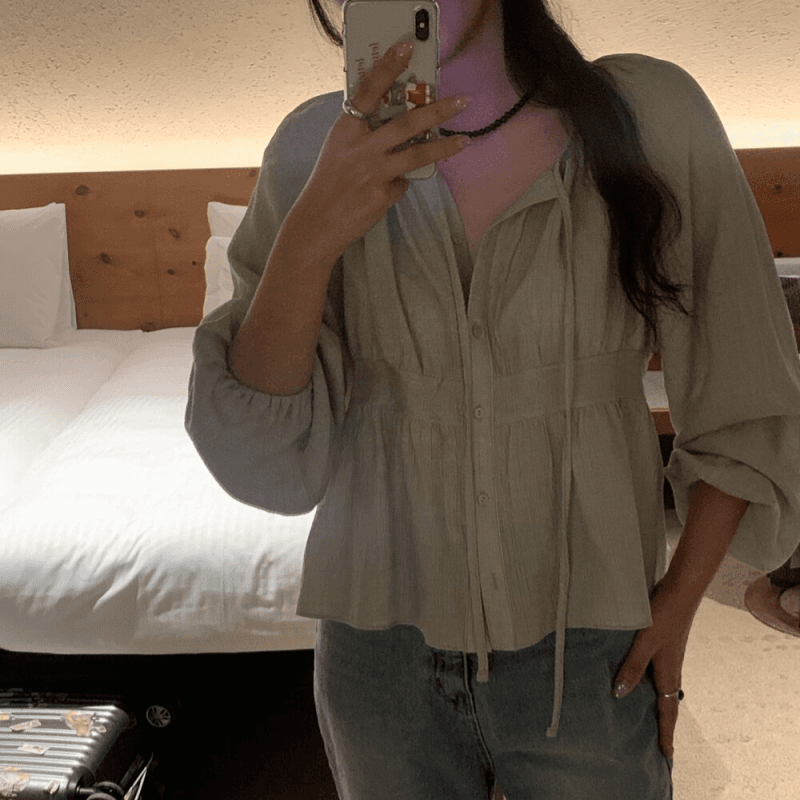 재고 있음 korea 느슨함 센스 다용도 주름 리본 긴팔 셔츠 다용도 포장 가슴 슬립 스웨터 투피스 세트 이미지 3
