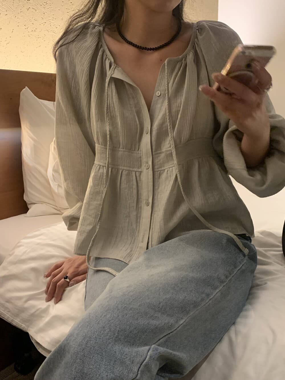 재고 있음 korea 느슨함 센스 다용도 주름 리본 긴팔 셔츠 다용도 포장 가슴 슬립 스웨터 투피스 세트 상세 이미지 7