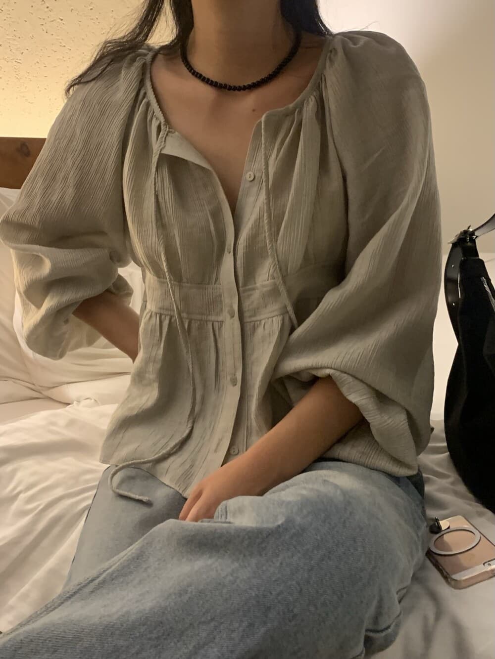 재고 있음 korea 느슨함 센스 다용도 주름 리본 긴팔 셔츠 다용도 포장 가슴 슬립 스웨터 투피스 세트 상세 이미지 8