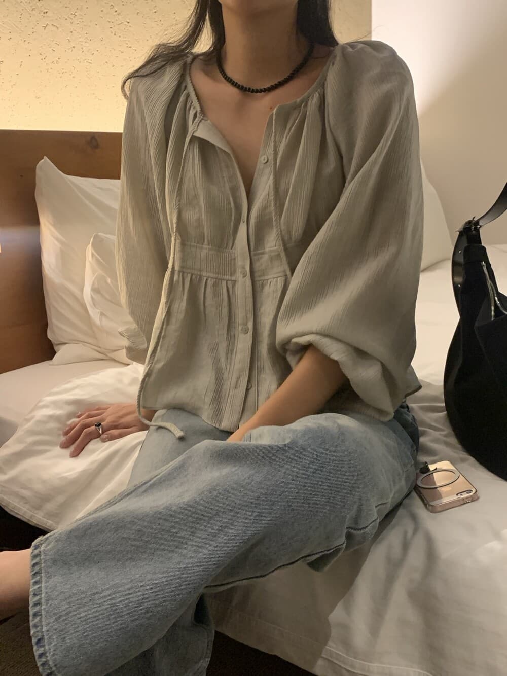 재고 있음 korea 느슨함 센스 다용도 주름 리본 긴팔 셔츠 다용도 포장 가슴 슬립 스웨터 투피스 세트 상세 이미지 9