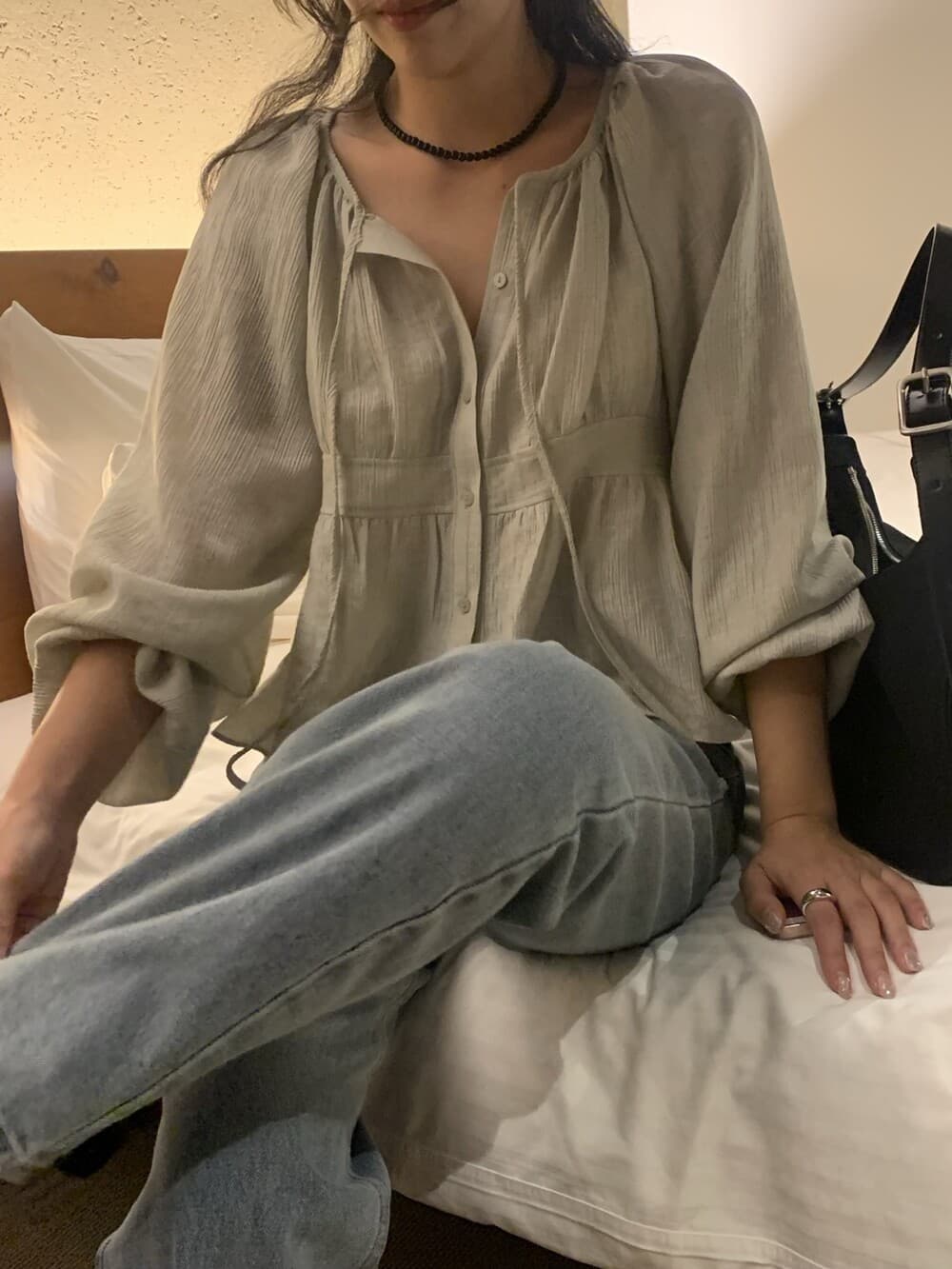 재고 있음 korea 느슨함 센스 다용도 주름 리본 긴팔 셔츠 다용도 포장 가슴 슬립 스웨터 투피스 세트 상세 이미지 10