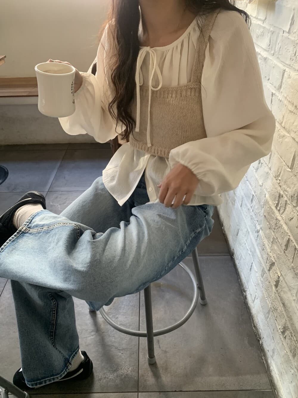 재고 있음 korea 느슨함 센스 다용도 주름 리본 긴팔 셔츠 다용도 포장 가슴 슬립 스웨터 투피스 세트 상세 이미지 26