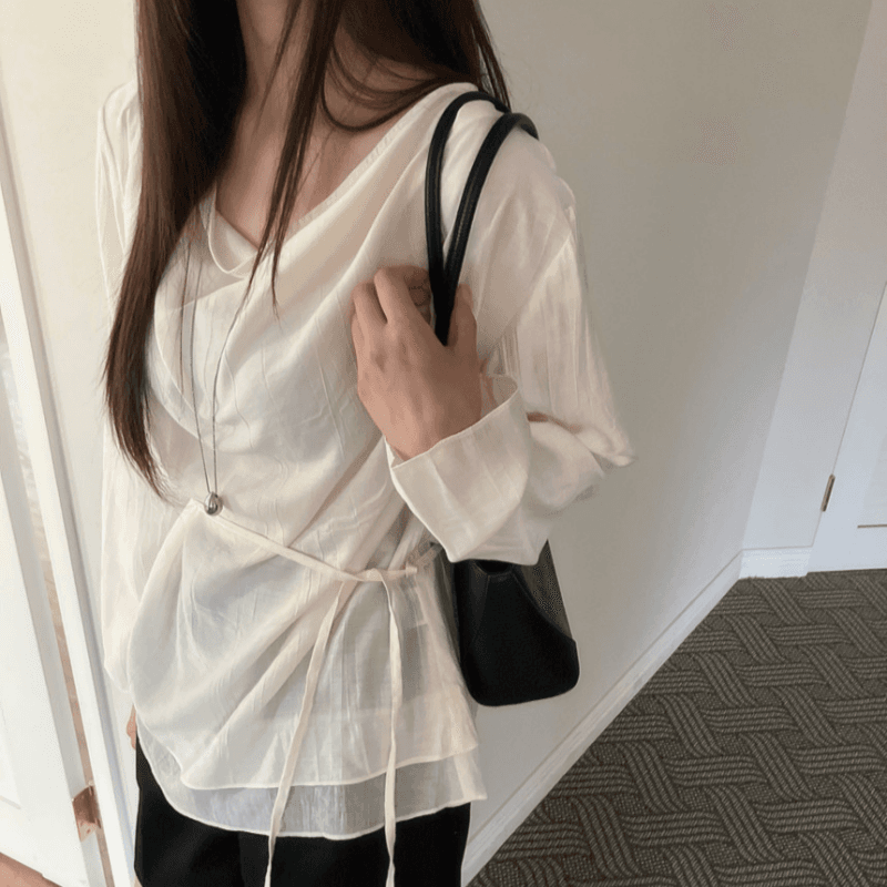 재고 있음 cherry 느긋한 분위기 센스 도루 가을 칼라 이중층 의류 루즈핏 마이크로 ~을 통해 긴팔 셔츠 경기 리본 이미지 2
