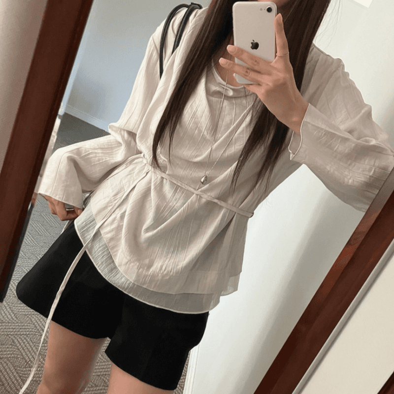 재고 있음 cherry 느긋한 분위기 센스 도루 가을 칼라 이중층 의류 루즈핏 마이크로 ~을 통해 긴팔 셔츠 경기 리본 이미지 5