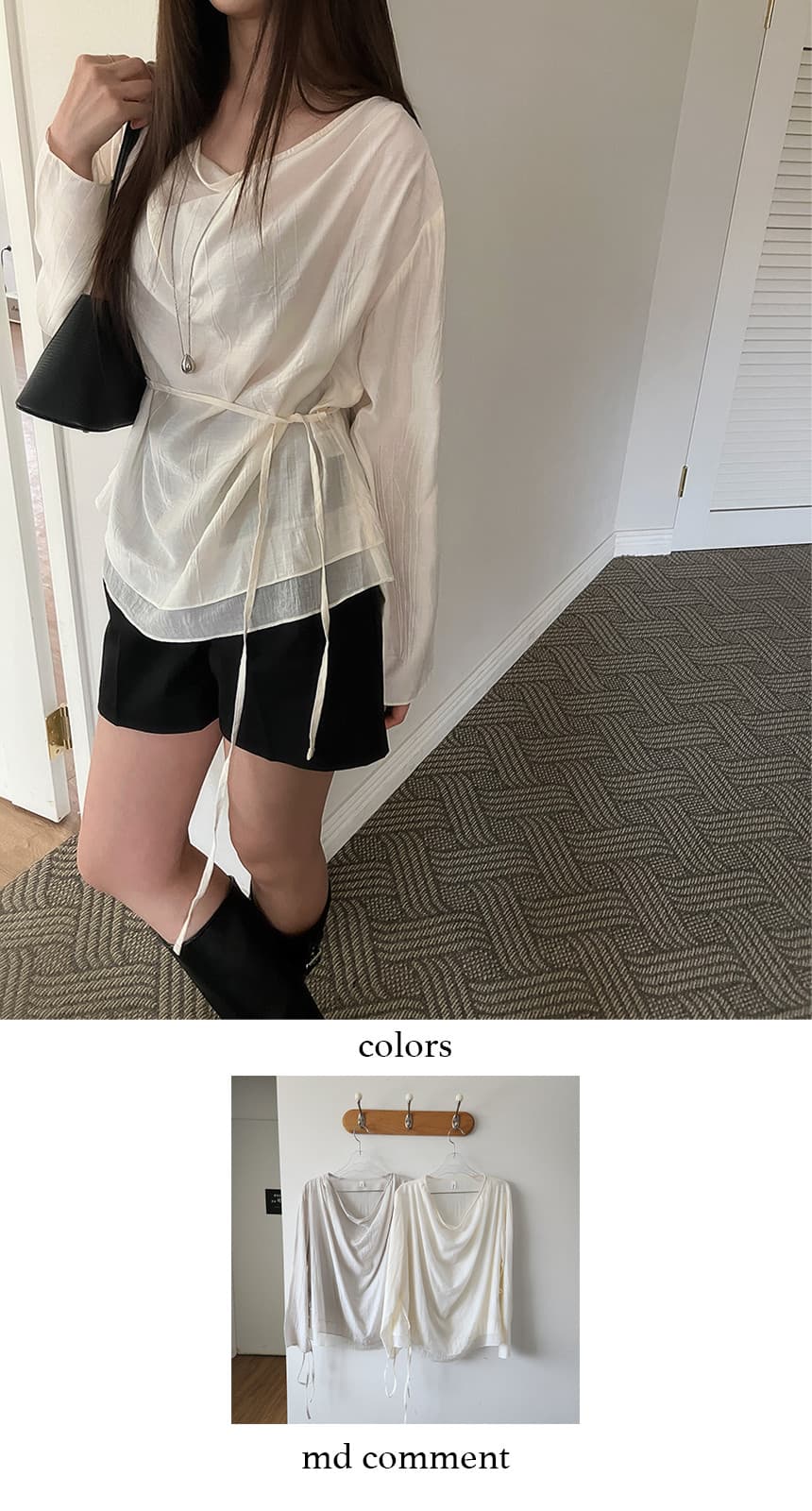 재고 있음 cherry 느긋한 분위기 센스 도루 가을 칼라 이중층 의류 루즈핏 마이크로 ~을 통해 긴팔 셔츠 경기 리본 상세 이미지 1