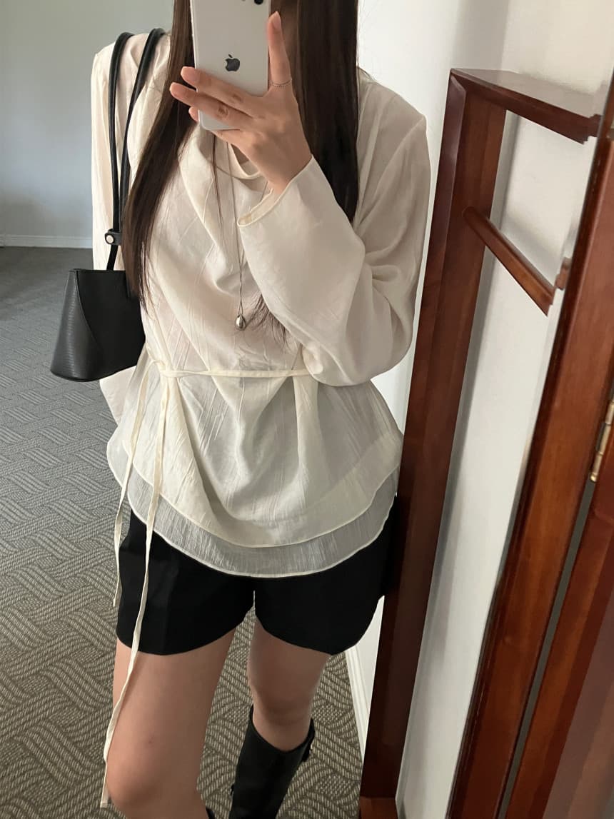 재고 있음 cherry 느긋한 분위기 센스 도루 가을 칼라 이중층 의류 루즈핏 마이크로 ~을 통해 긴팔 셔츠 경기 리본 상세 이미지 3