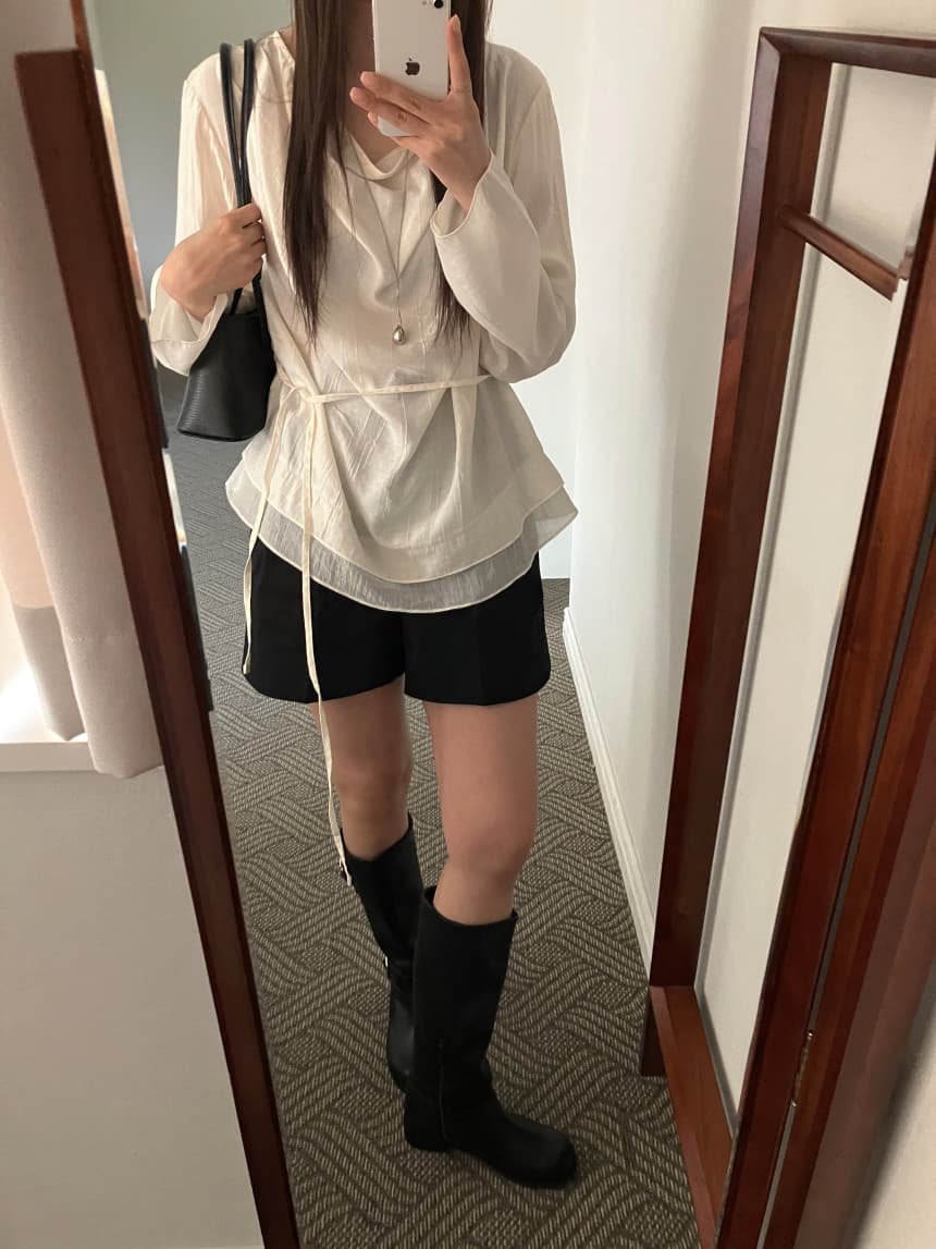 재고 있음 cherry 느긋한 분위기 센스 도루 가을 칼라 이중층 의류 루즈핏 마이크로 ~을 통해 긴팔 셔츠 경기 리본 상세 이미지 5