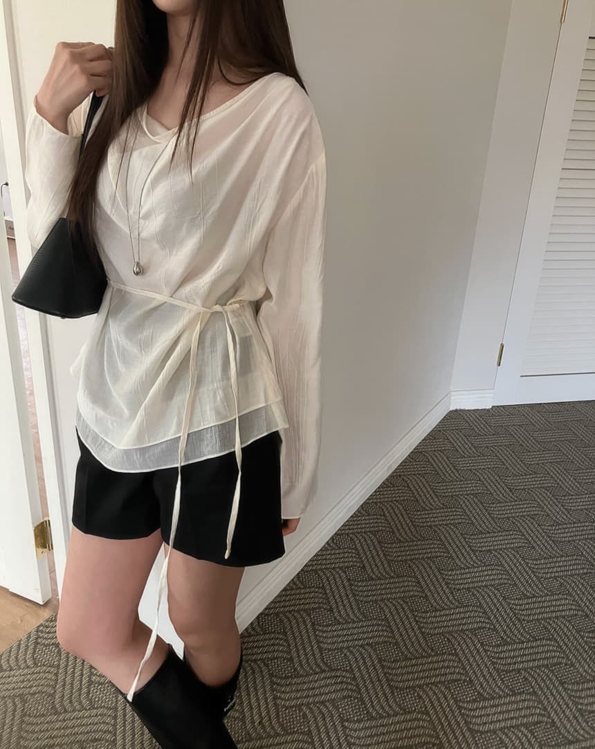 재고 있음 cherry 느긋한 분위기 센스 도루 가을 칼라 이중층 의류 루즈핏 마이크로 ~을 통해 긴팔 셔츠 경기 리본 상세 이미지 9